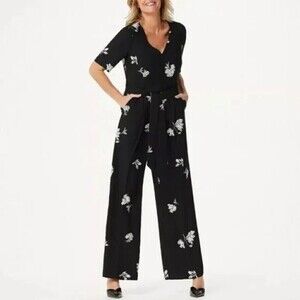 Vince Camuto Black Floral Elbow Sleeve Jumpsuit Size 6